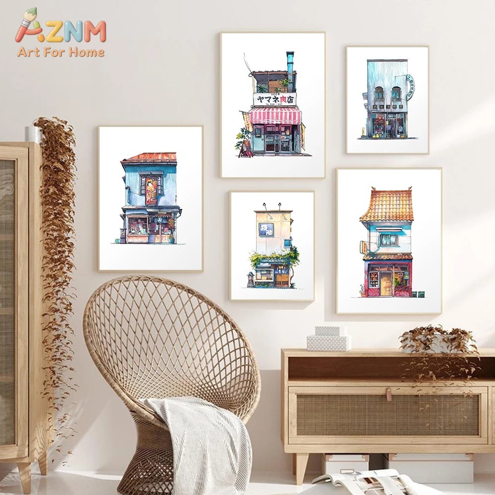 Home Decor Shop - AZNM Japanese Storefront Watercolor Canvas Wall