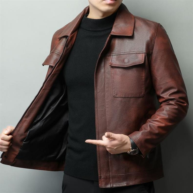 Cowhide Rug Faux - Vintage Brown Cowhide Leather Biker Jacket